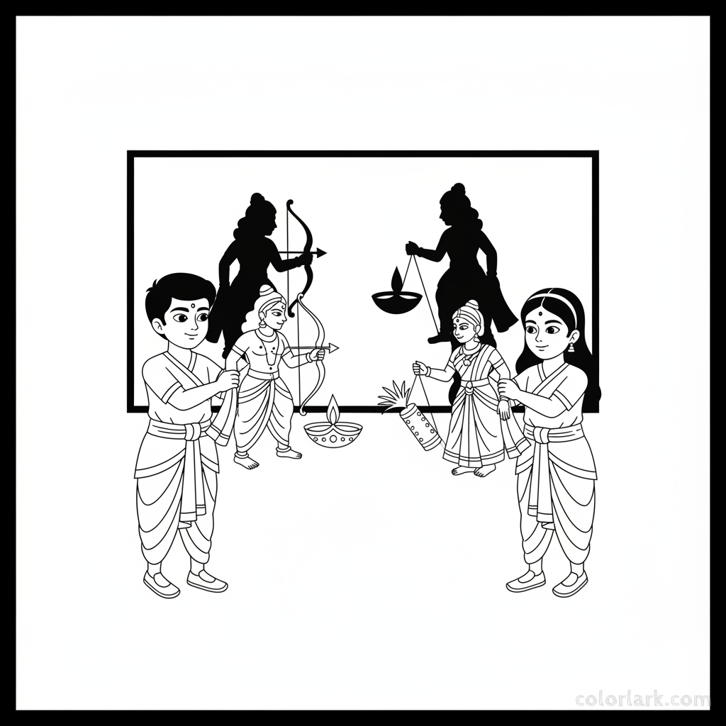 Creative children making shadow puppets of Diwali characters and stories against a screen, focused and imaginative, line art