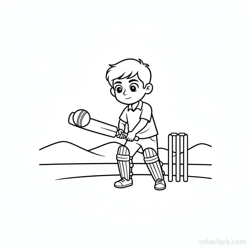 Line art coloring page showing a cricket ball approaching an Indian boy batsman with stumps.