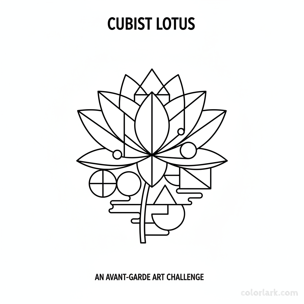 Black and white line art of a lotus flower in a Cubist-inspired, fragmented style.