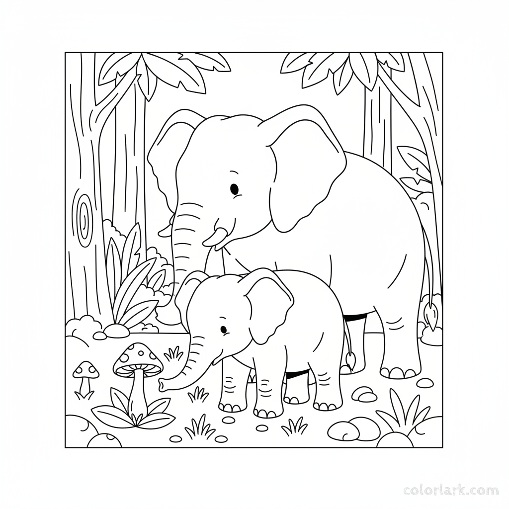 Curious baby elephant sniffing mushroom, mother watching, free printable coloring page.