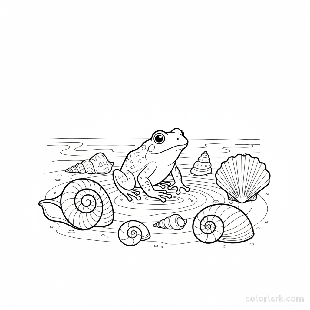 Line art of a frog curiously exploring various seashells on a sandy beach.