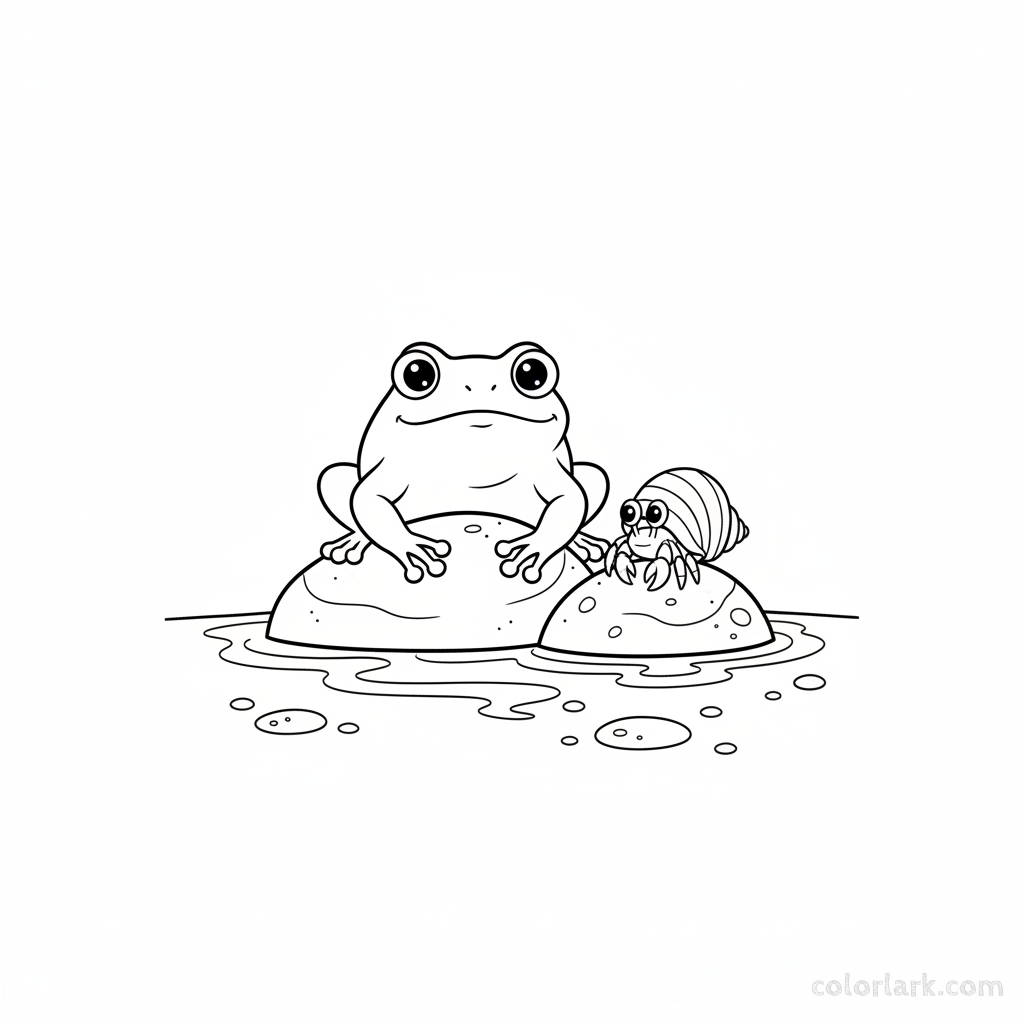 Line art of a curious frog observing a hermit crab in a tidal zone.