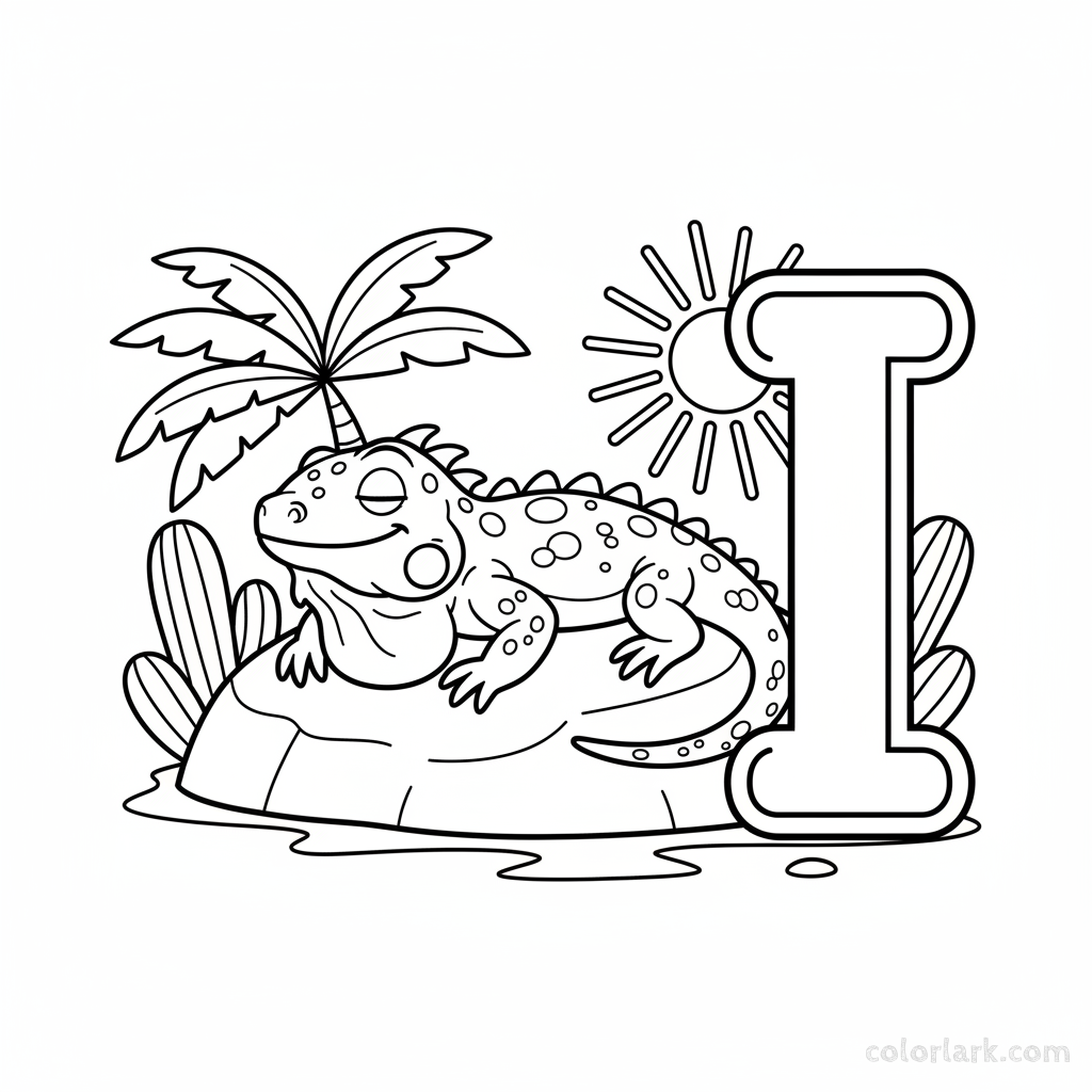 Black and white line art of a curious iguana sunbathing on a rock next to the letter I.