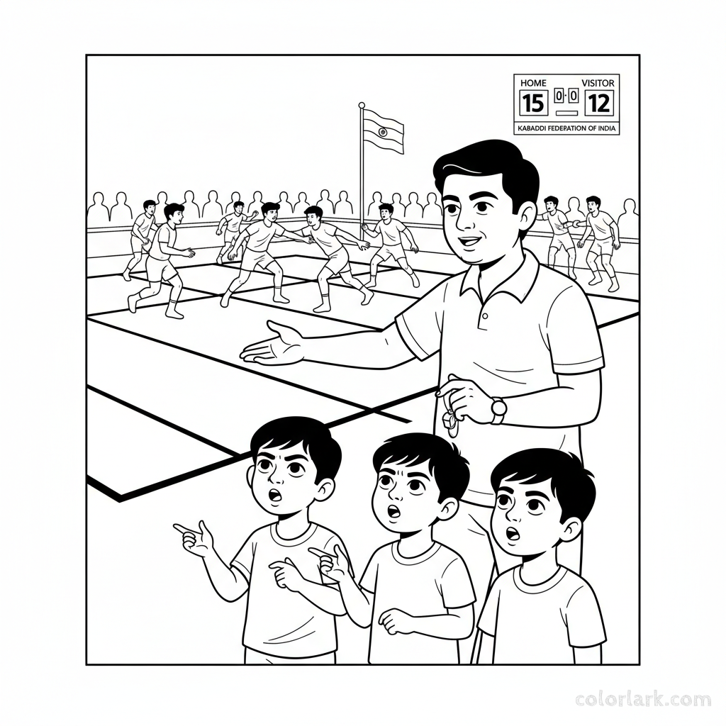 Line art of curious Indian children asking an adult questions about kabaddi rules during a national match.