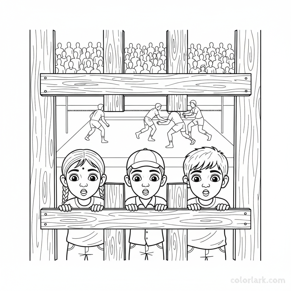 Line art of curious Indian children peeking through a fence to watch a National Kabaddi Finals match.