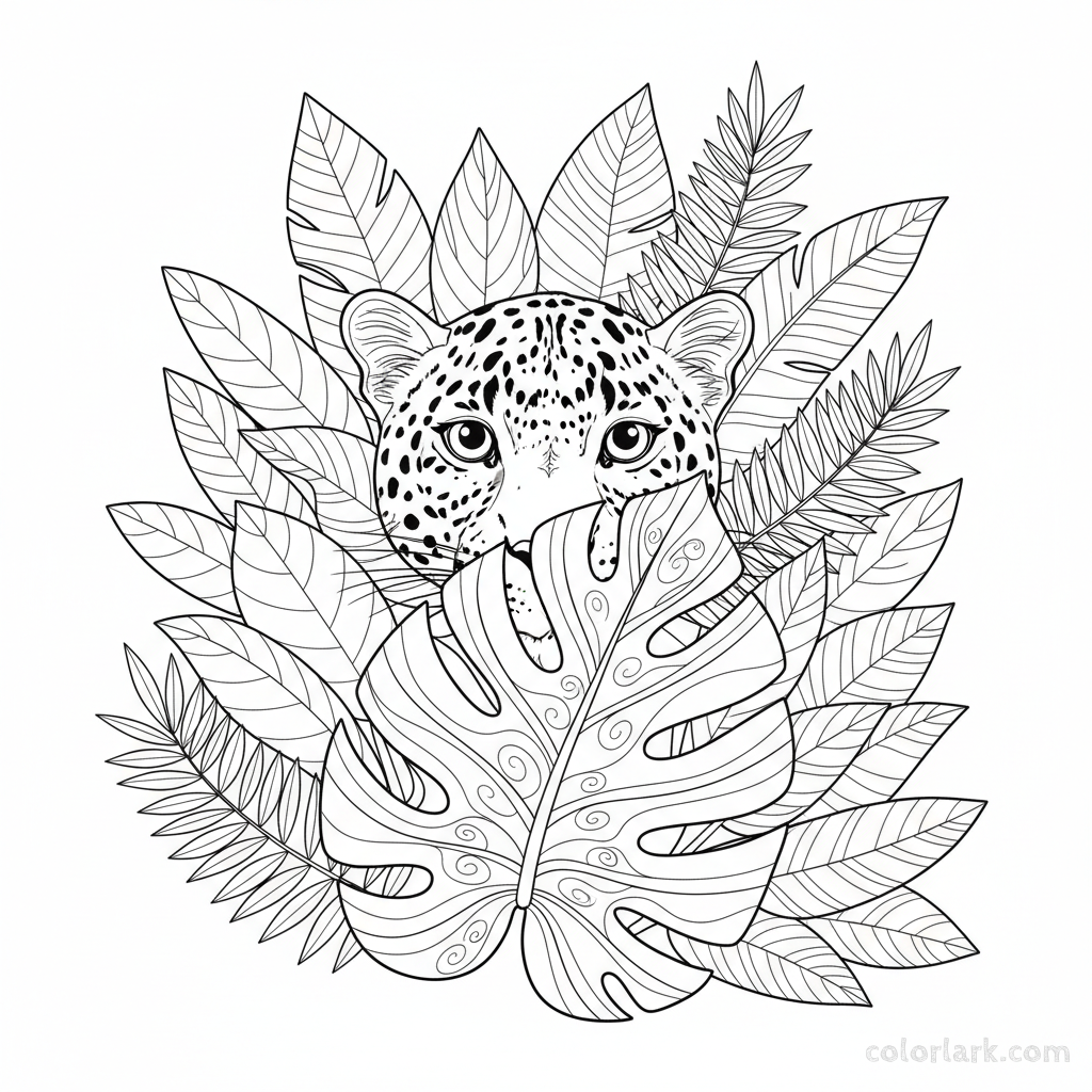 Curious Indian Leopard peeking through green leaves coloring page