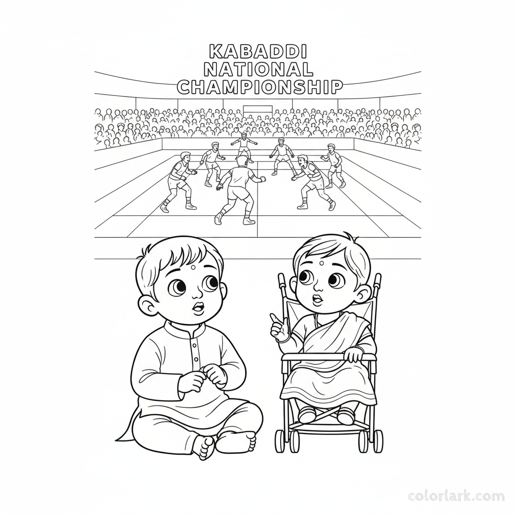 Line art of curious Indian toddlers watching a Kabaddi National Championship from a distance.