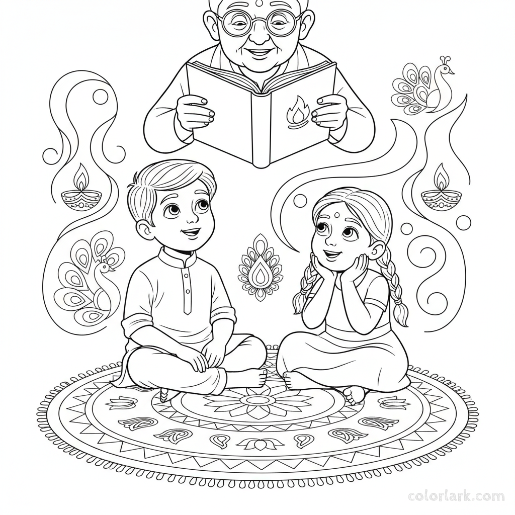 Curious children attentively listening to Diwali stories told by an elder, showing engagement, black-and-white line art