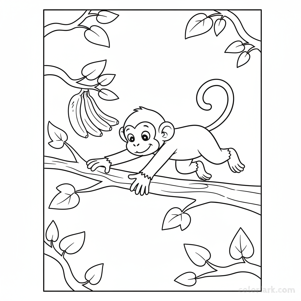 Line art of a curious monkey mid-jump onto a branch, reaching for a newly discovered cluster of bananas.