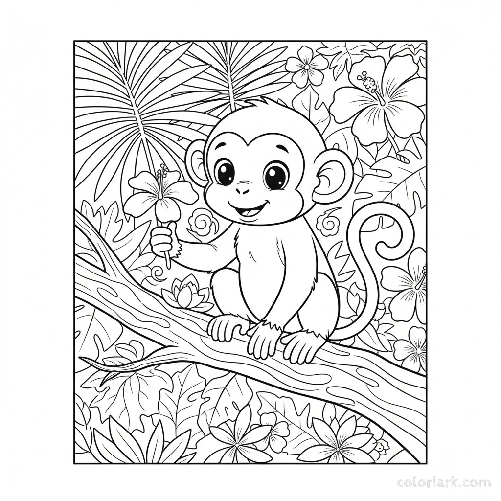 Black and white line art of a curious monkey holding a flower on a tree branch