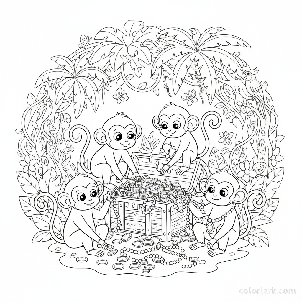 Black and white line art of curious monkeys investigating a lost treasure chest in an Indian jungle