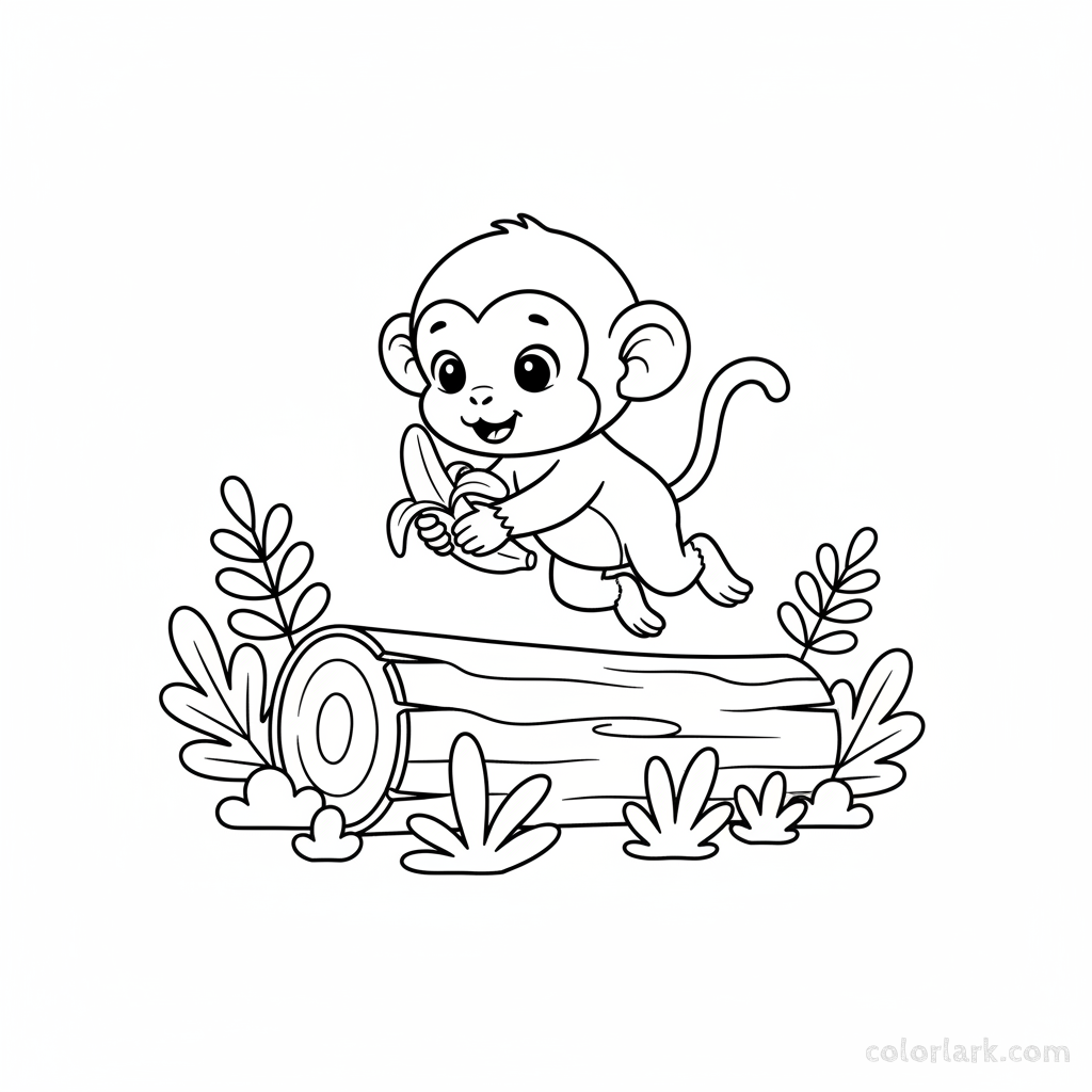 Line art of a cute baby monkey leaping over a fallen log on the jungle floor, holding a banana.