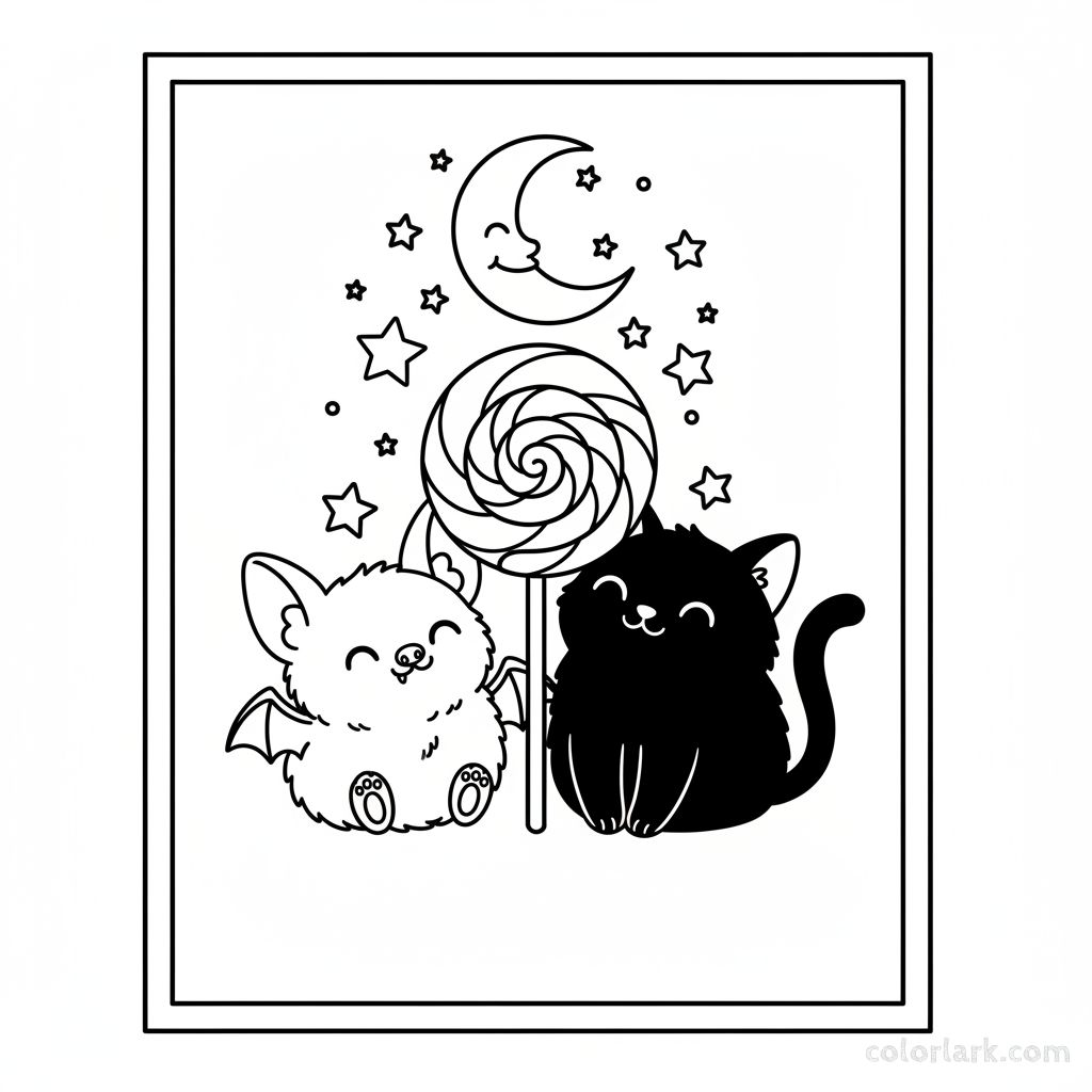 Black and white line art of a cute bat and black cat sharing a sweet lollipop under the stars, Halloween coloring page.