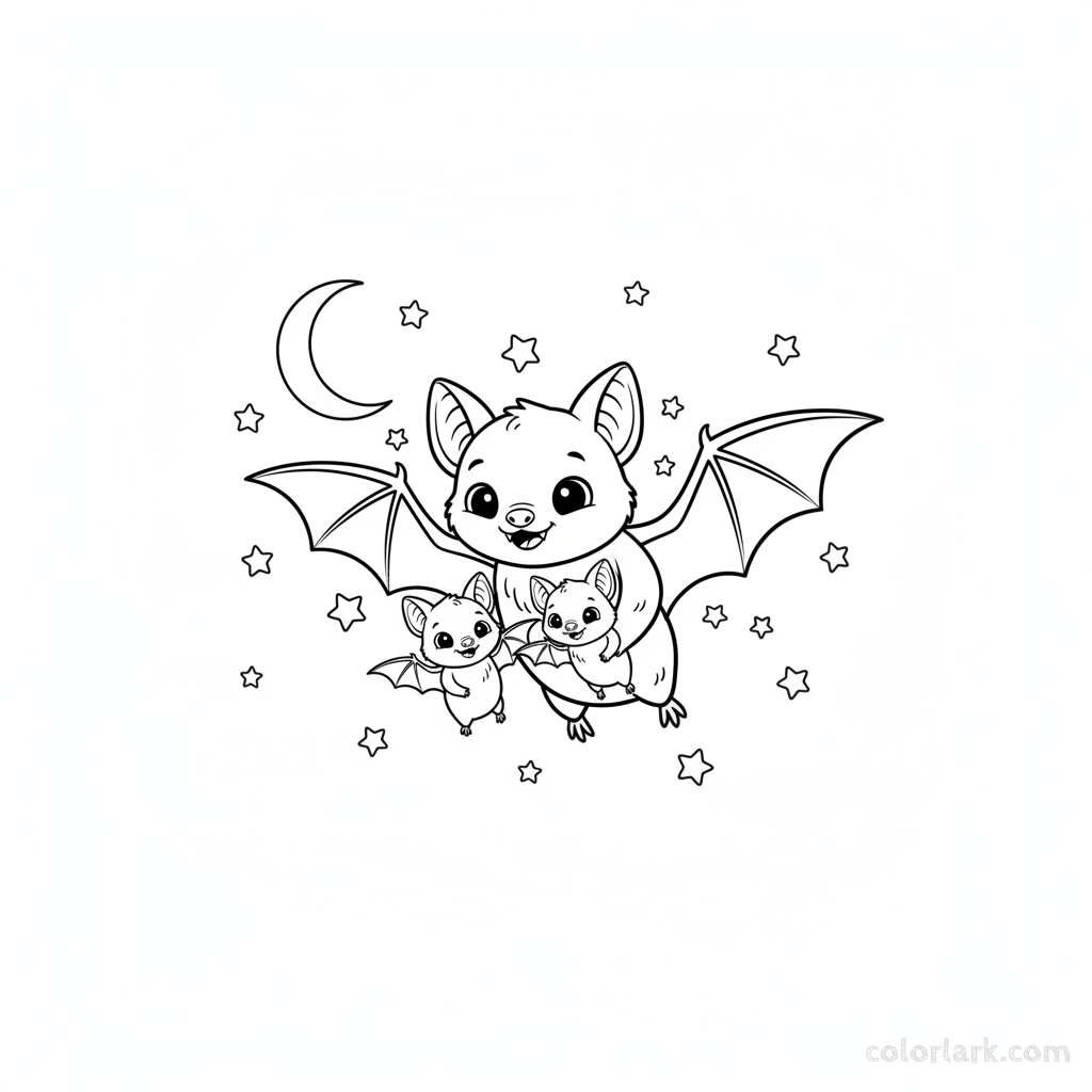 Black and white line art of a cute bat family flying together under a starry night sky, Halloween coloring page.