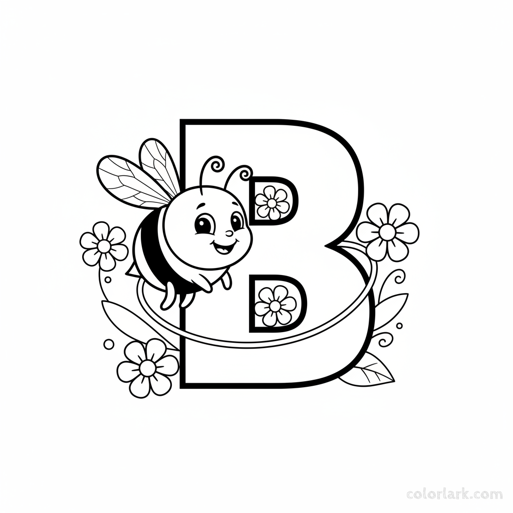 Black and white line art of a cute bee flying around the letter B.