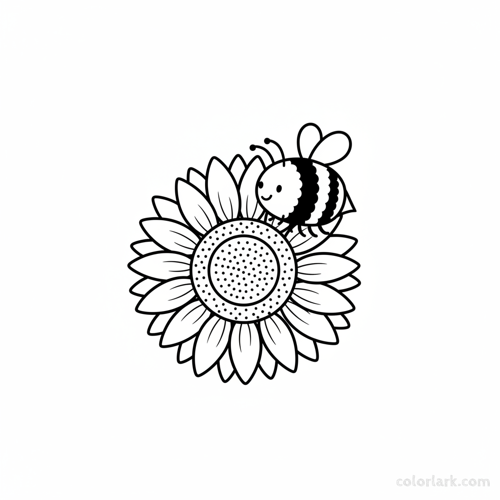 Simple black and white line art showing a cartoon bumblebee sitting on a sunflower, for toddlers