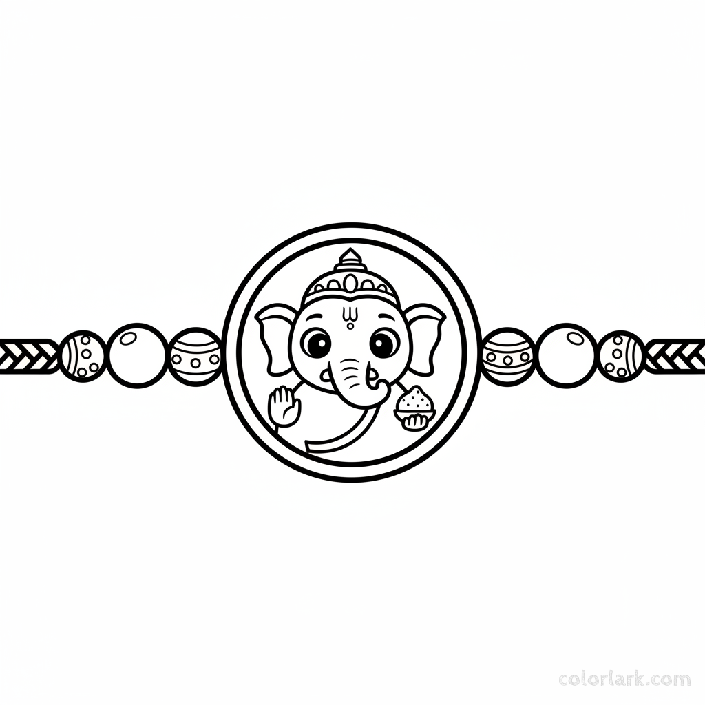 Black and white line art of a cute cartoon Ganesha Rakhi with thick lines, suitable for young children's coloring.