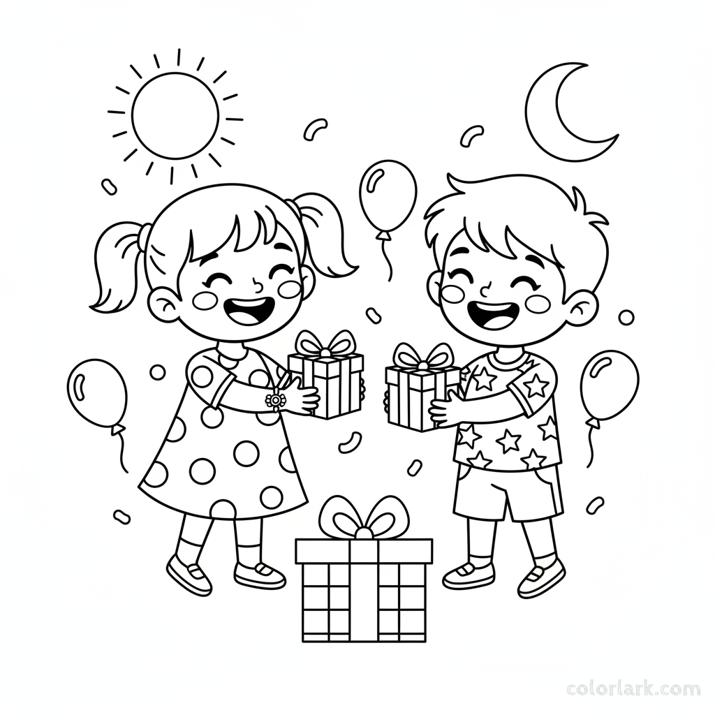 Black and white line art of two cartoon children, brother and sister, exchanging Rakhi gifts.
