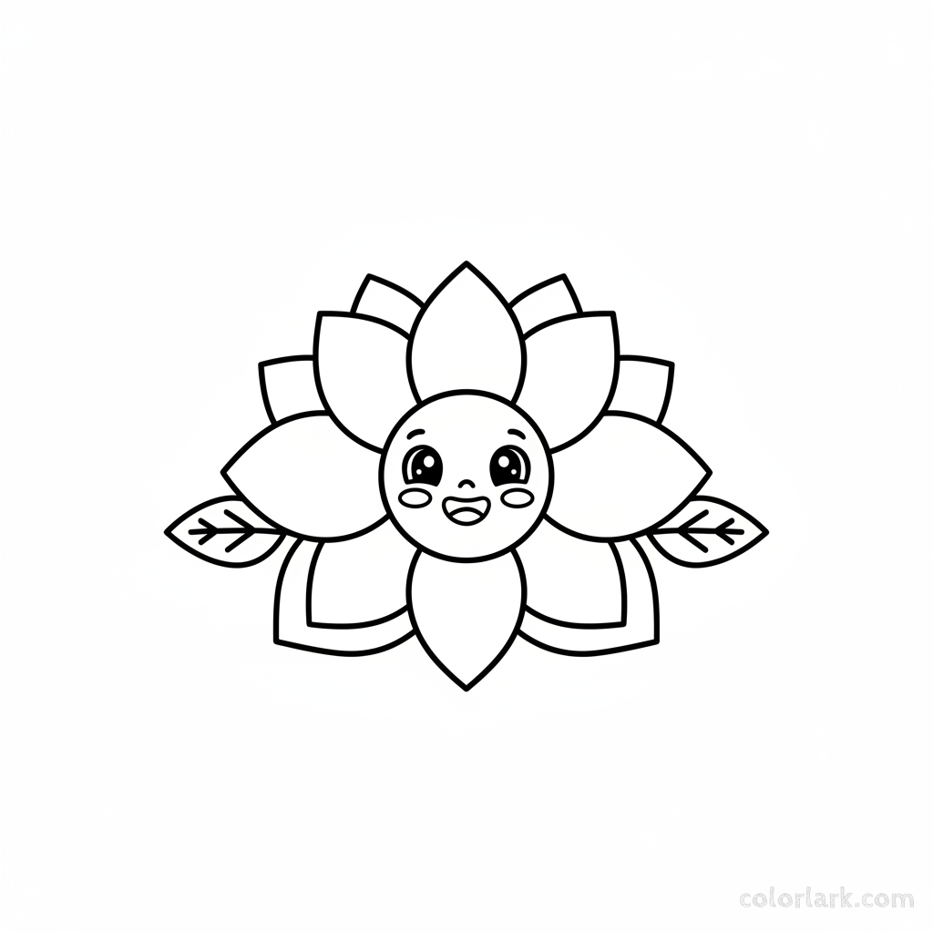 Black and white line art of a cute cartoon lotus flower with a happy smiling face.