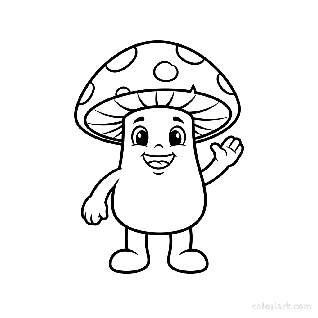 Black and white line art of a cute, anthropomorphic cartoon mushroom character with a smiling face and waving arm, for coloring.