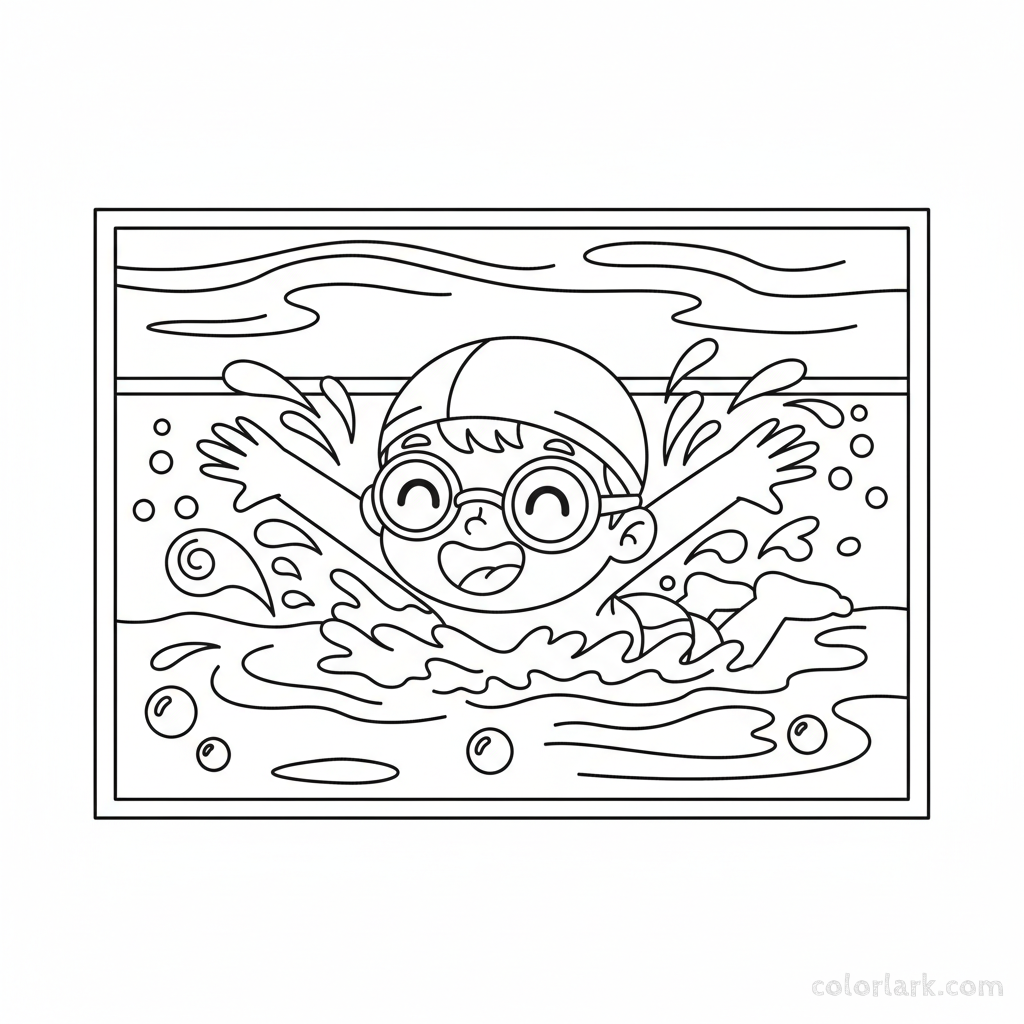 Black and white line art of a cute cartoon-style child swimming freestyle in a pool, wearing a swim cap and goggles.