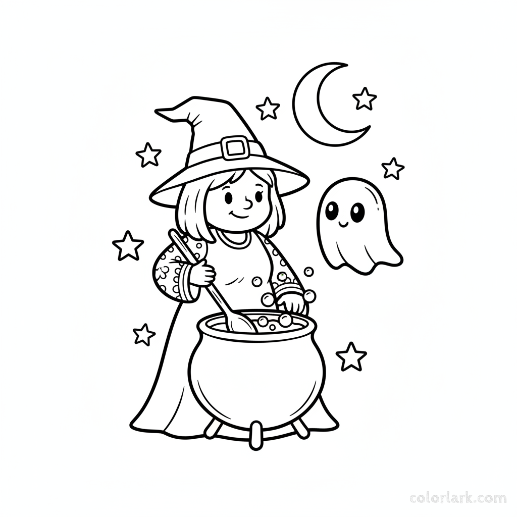 Black and white line art of a cute cartoon witch brewing a potion with a friendly ghost floating nearby, Halloween coloring page.