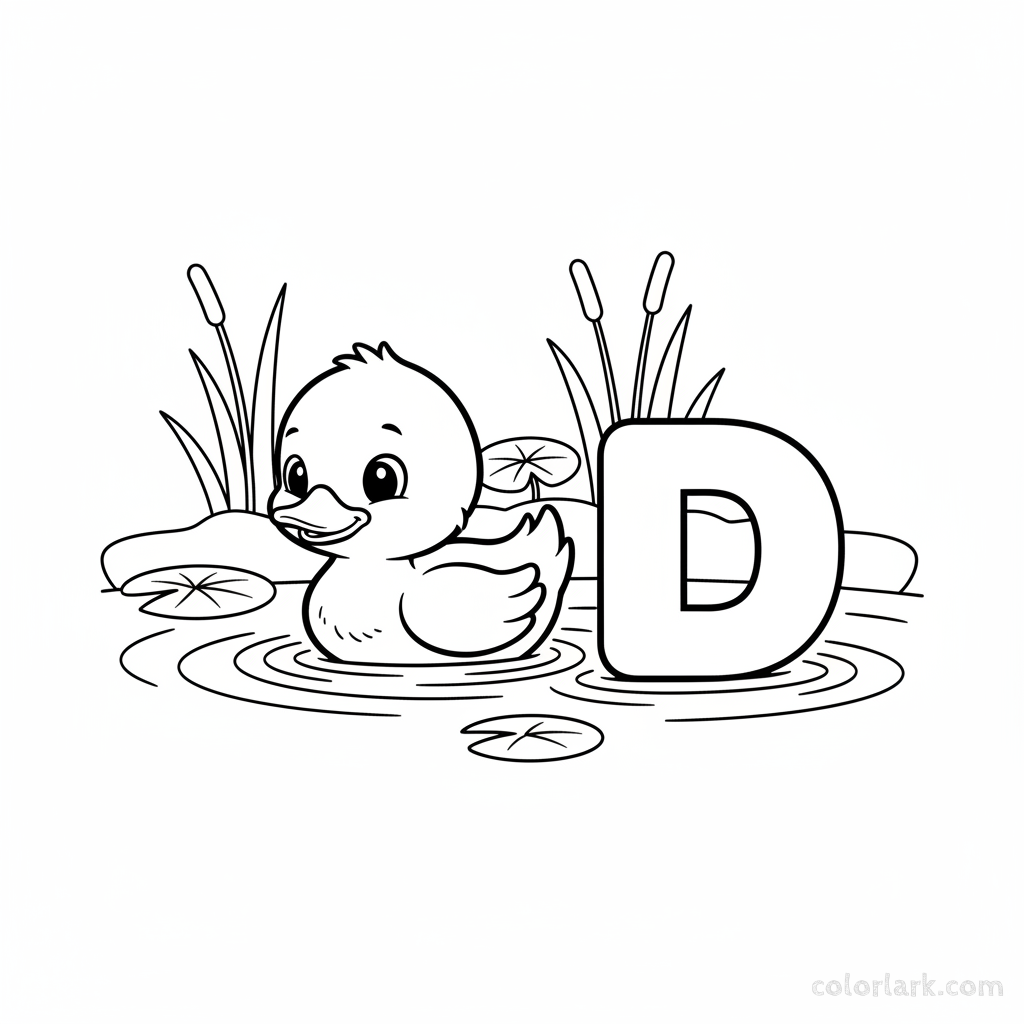 Black and white line art of a cute duckling swimming next to the letter D.
