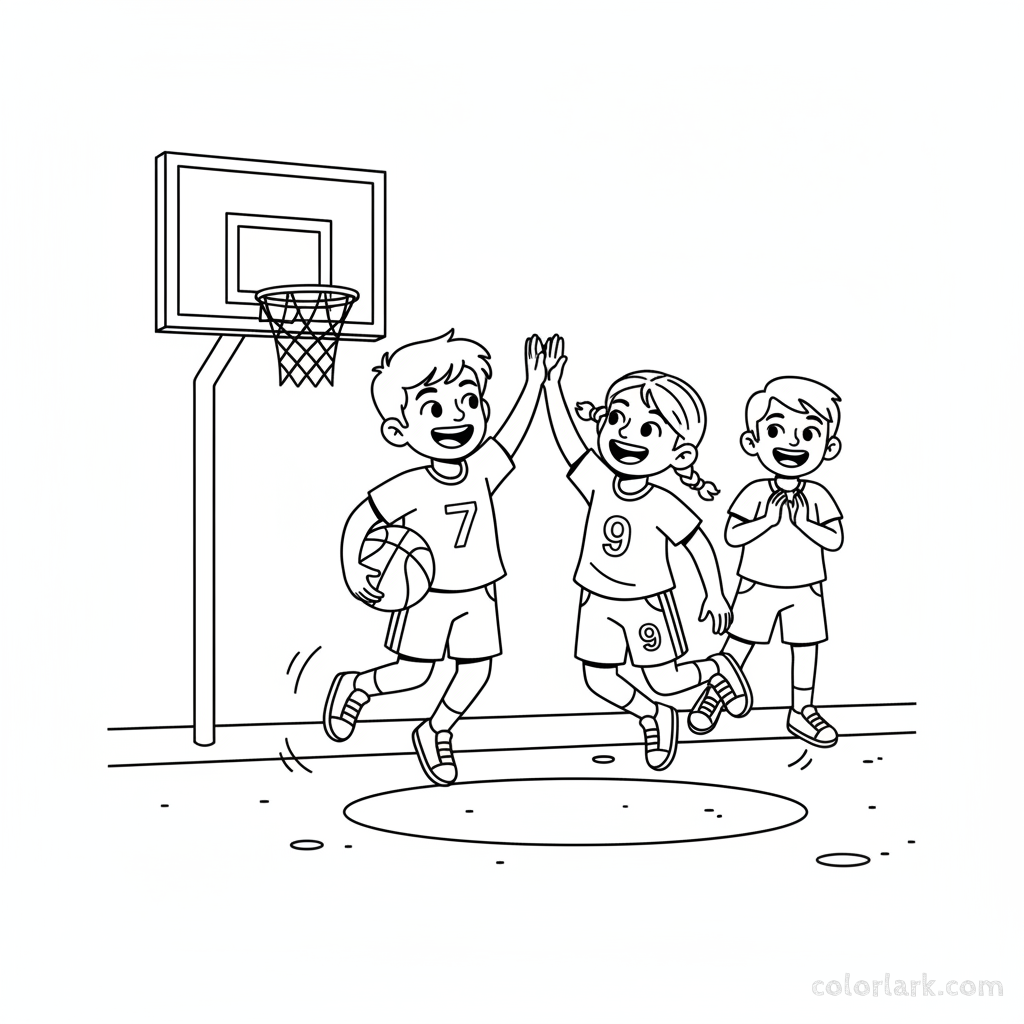 Line art of two cute Indian children high-fiving after a street basketball score, with a friend cheering.