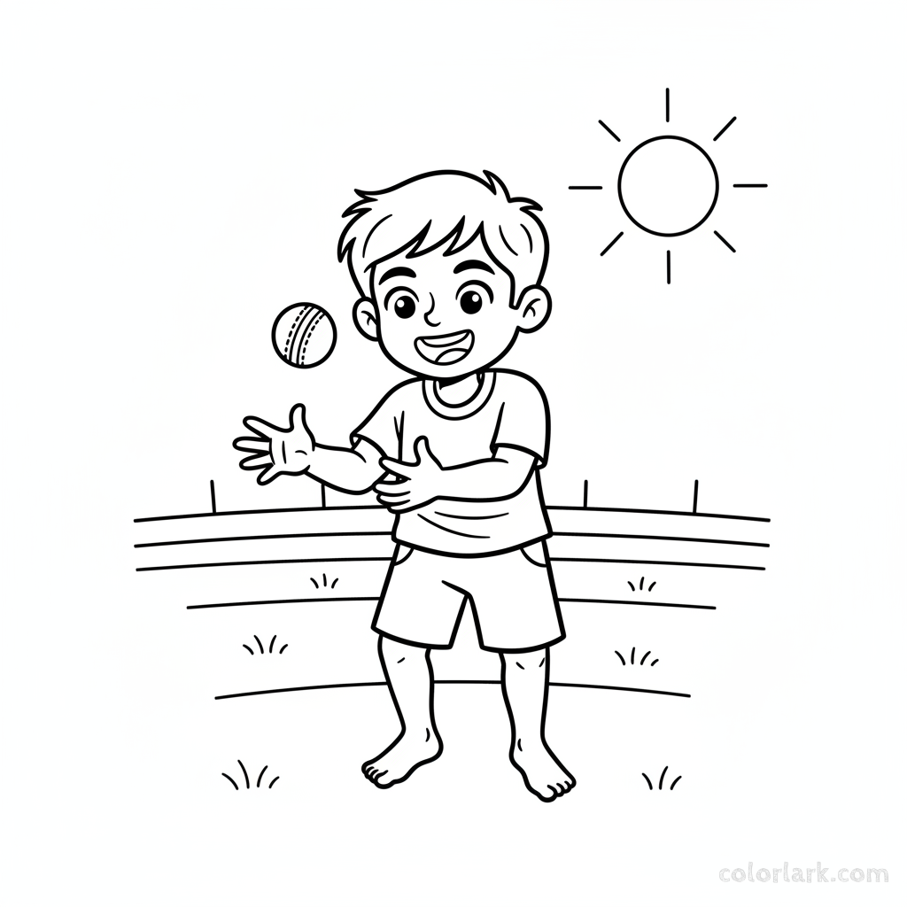 Line art of a cute Indian boy reaching to catch a cricket ball on a sunny cricket field.