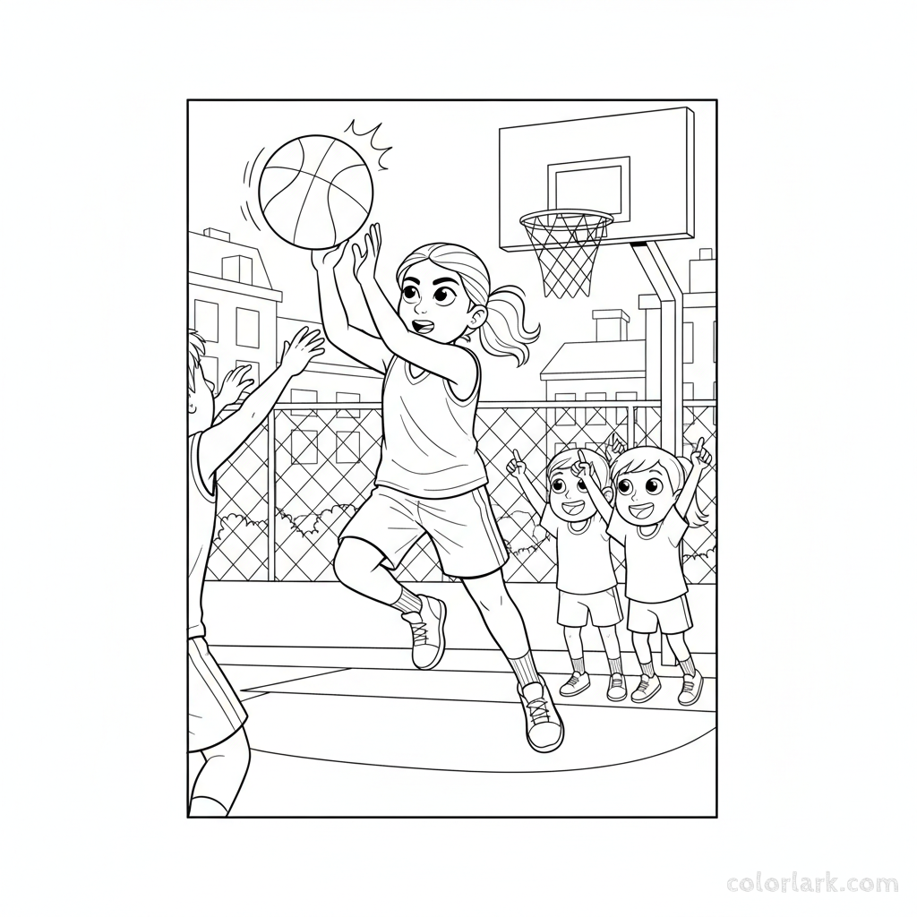Line art of a cute Indian girl blocking a basketball shot on a street, with two friends cheering.