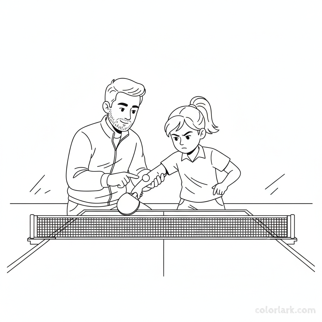 Black and white line art of a cute kid practicing a backspin table tennis serve with a coach helping her wrist.