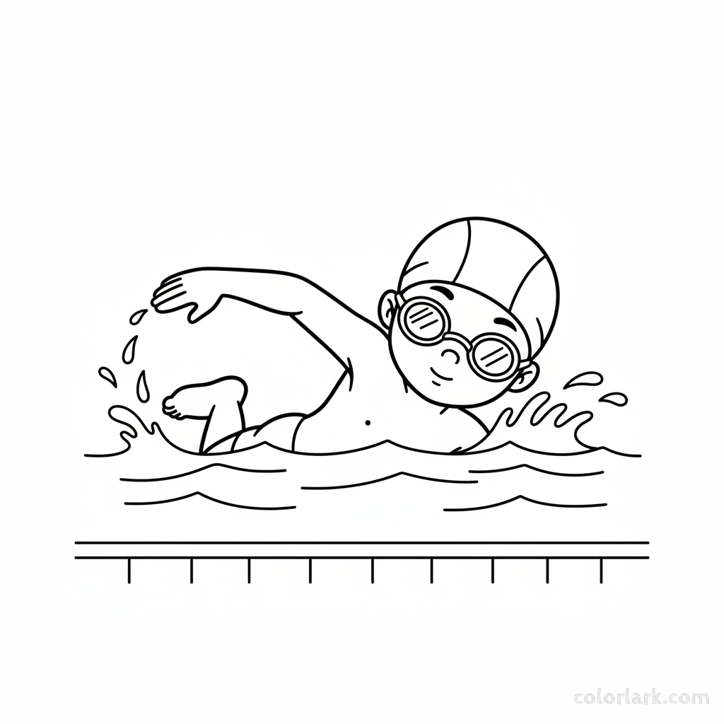 Black and white line art of a cute child practicing freestyle swimming with goggles in a pool.