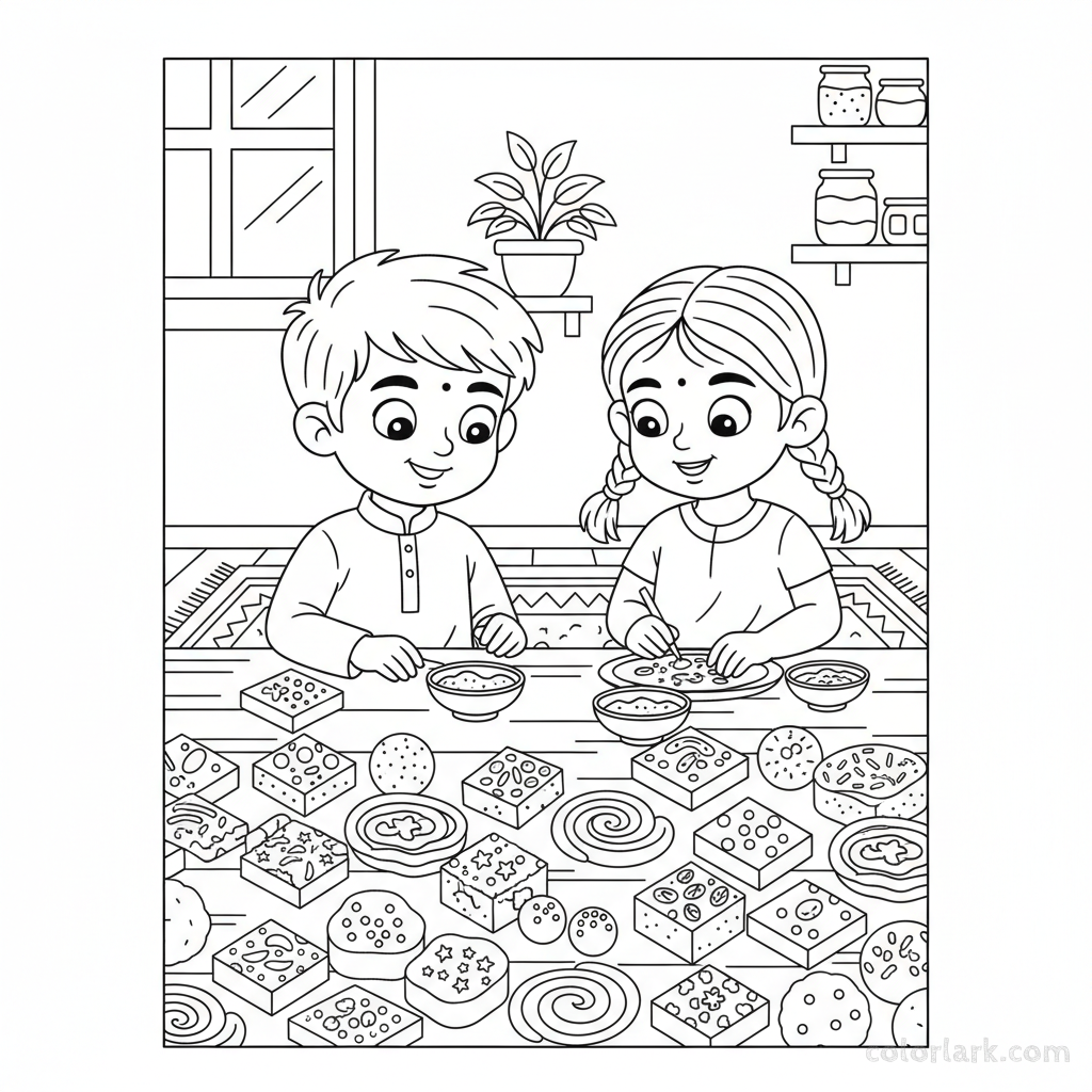Cute kids decorating traditional Diwali sweets like ladoos and barfis at a table, focused and happy, line art