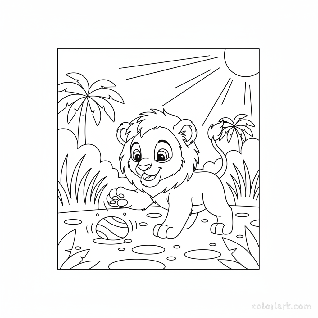 Black and white line art of a cute lion cub playing with a rolling stone in an Indian jungle
