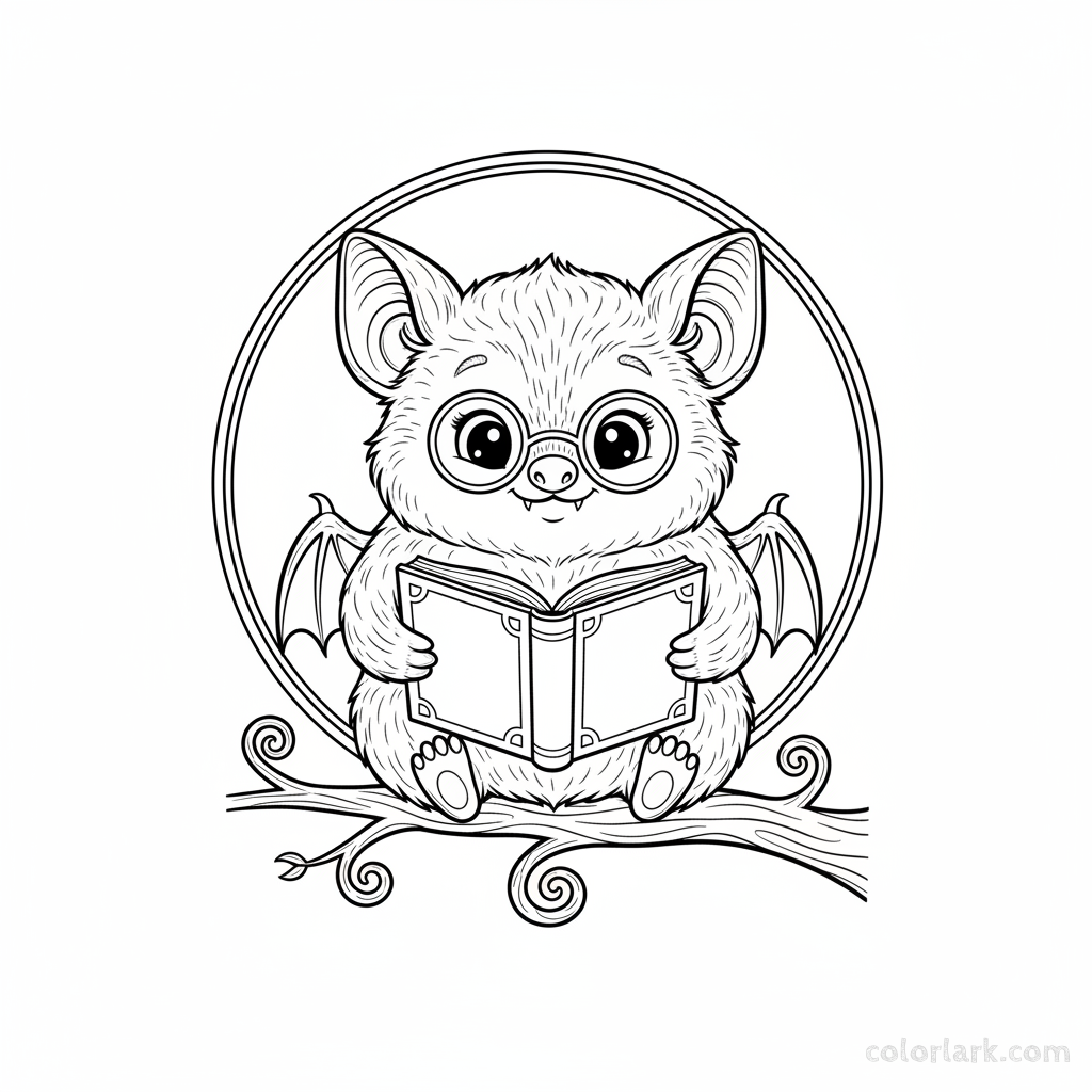 Black and white line art of a cute little bat wearing reading glasses and holding a storybook, Halloween coloring page.