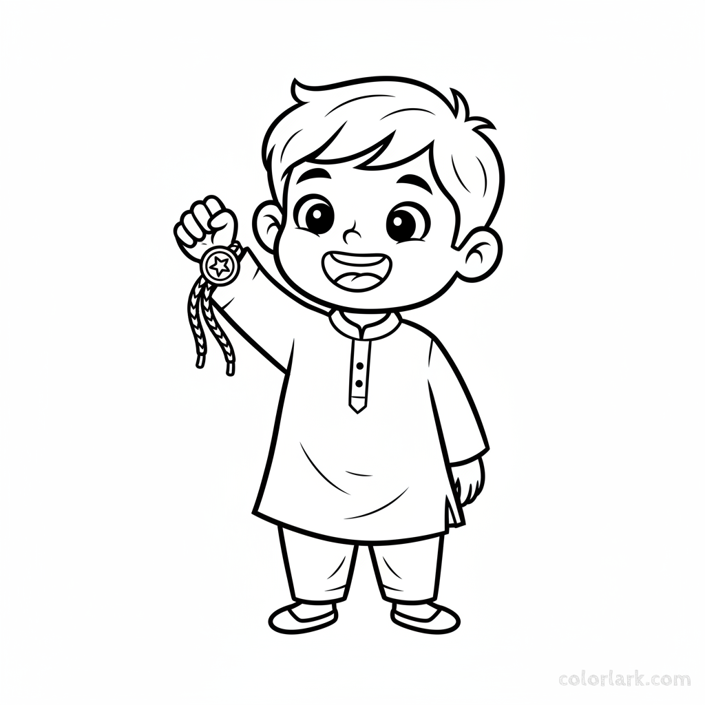 Line art of a cute little brother admiring his new Rakhi