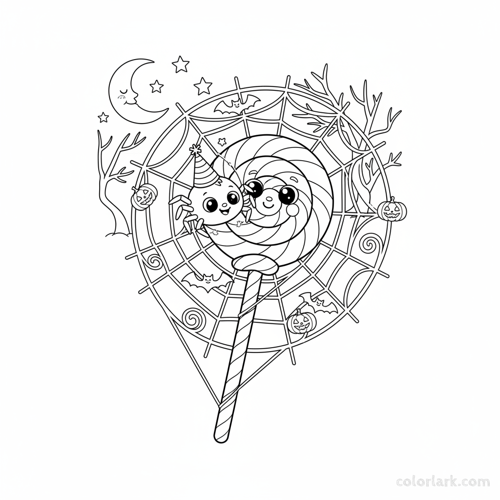 Black and white line art of a cute spider webbing a giant lollipop for Halloween decoration, coloring page.