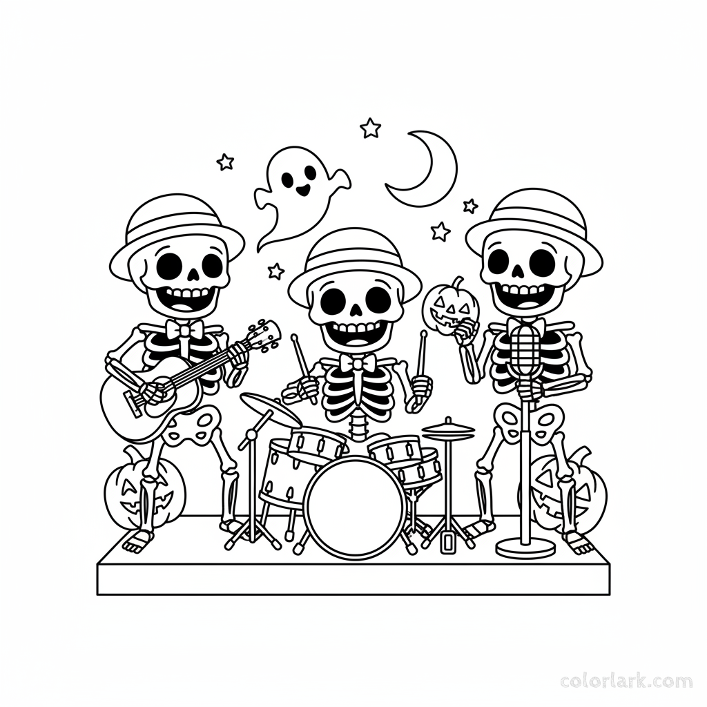 Black and white line art of cute skeletons playing musical instruments in a friendly band, Halloween coloring page.