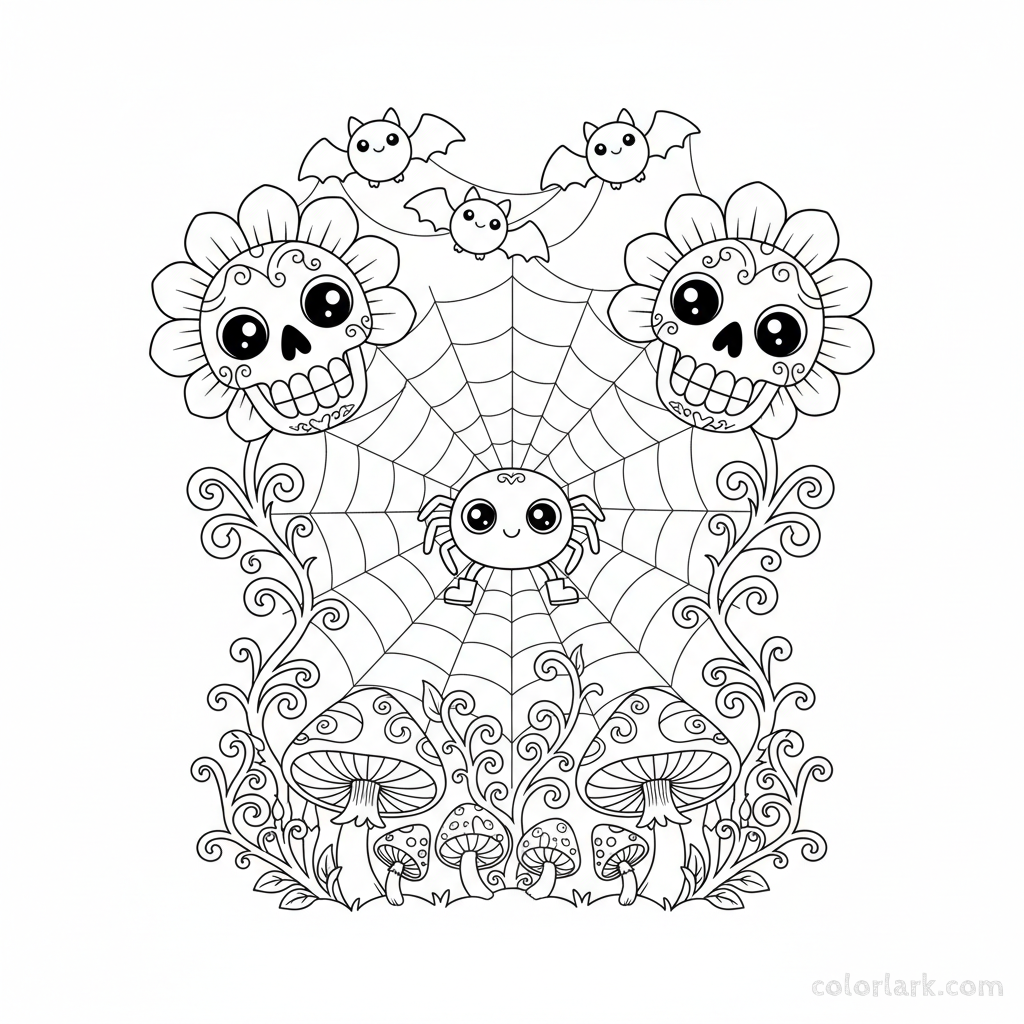 Black and white line art of a cute spider spinning a web between two friendly skull flowers, Halloween coloring page.