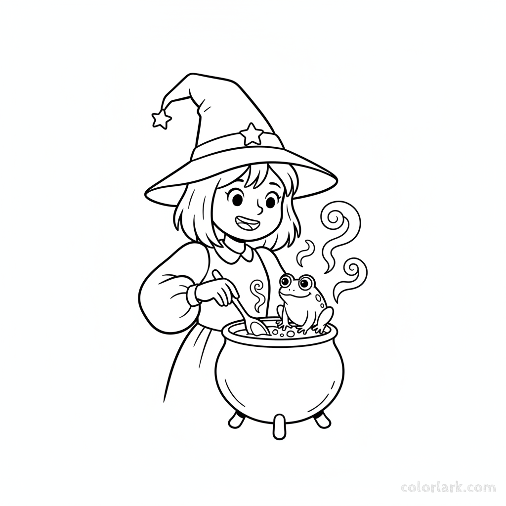 Black and white line art of a cute witch with a friendly frog companion brewing a gentle potion, Halloween coloring page.