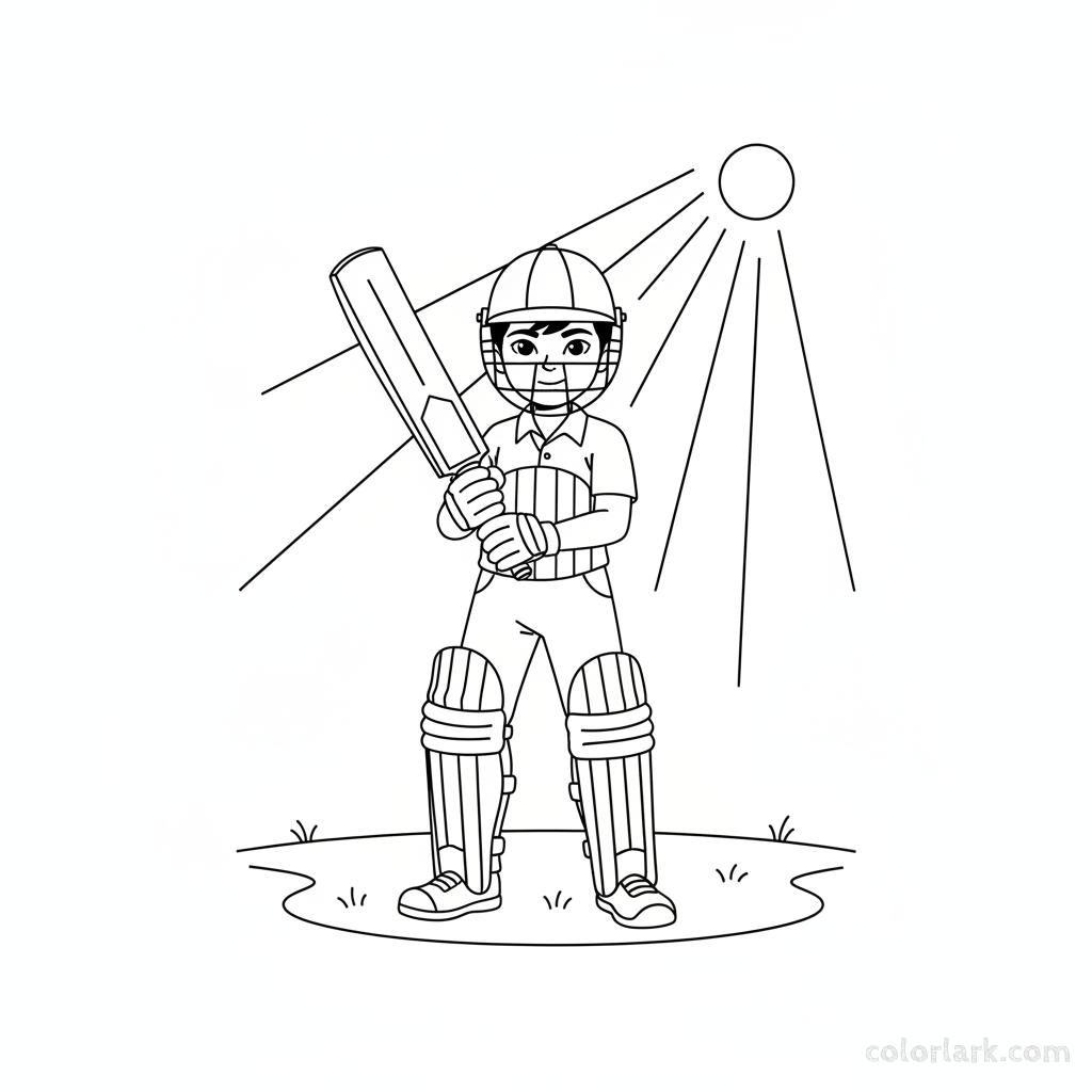 Young Indian boy cricketer wearing helmet and pads, holding a bat, ready to play on a sunny pitch.