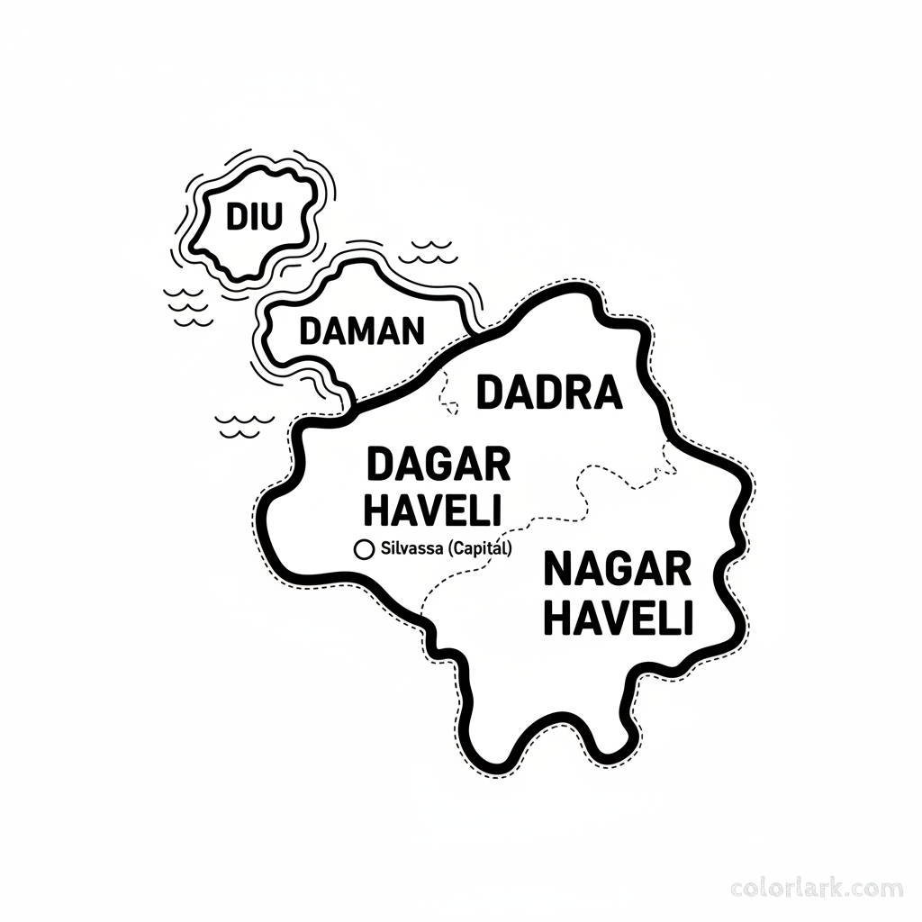 Line art coloring map of Dadra & Nagar Haveli and Daman & Diu Union Territory, showing its separate regions.