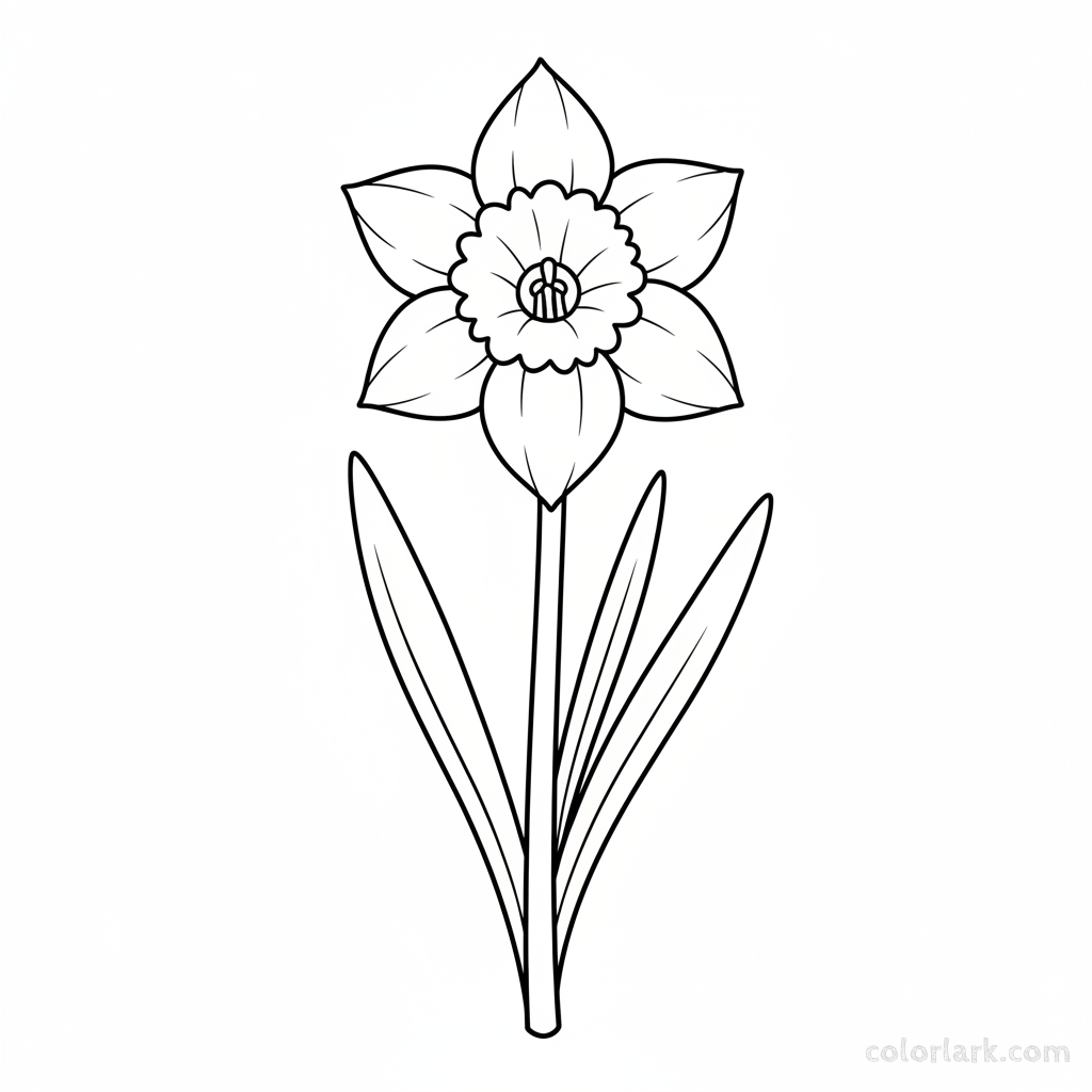 Black and white line art of a cheerful daffodil flower with its trumpet-shaped corona, surrounding petals, stem, and blade-like leaves.