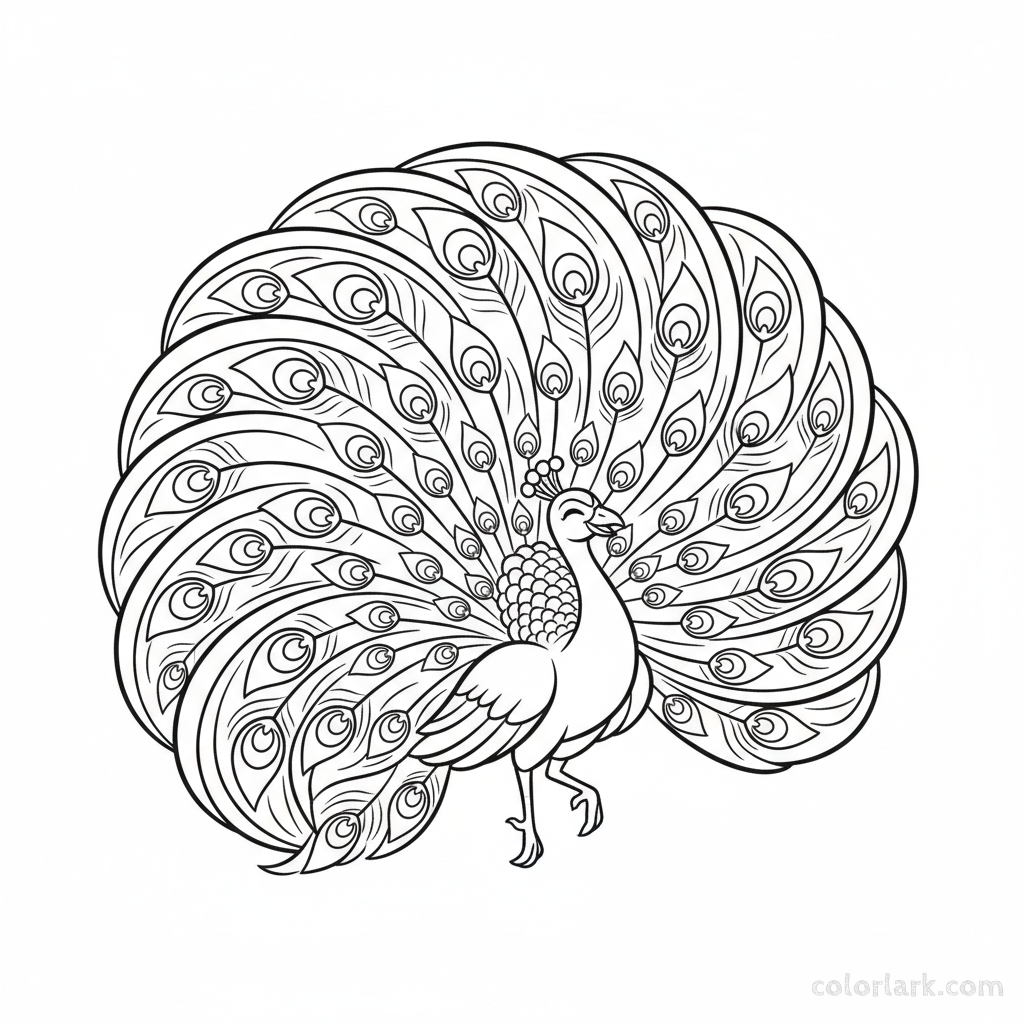 Dynamic dancing peacock coloring page with swirling feathers.