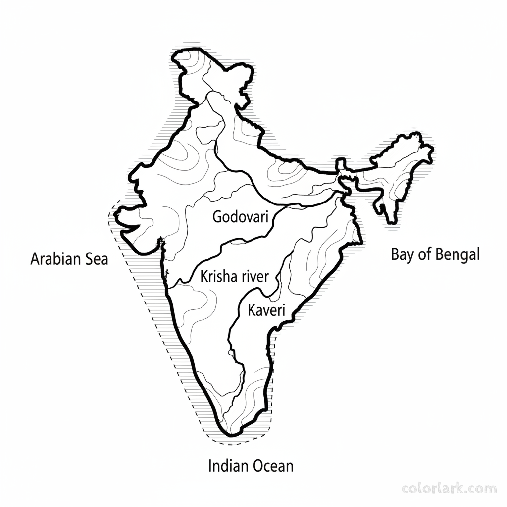 Line art coloring map of the Deccan Plateau region in peninsular India, showing major rivers and subtle hilly terrain.