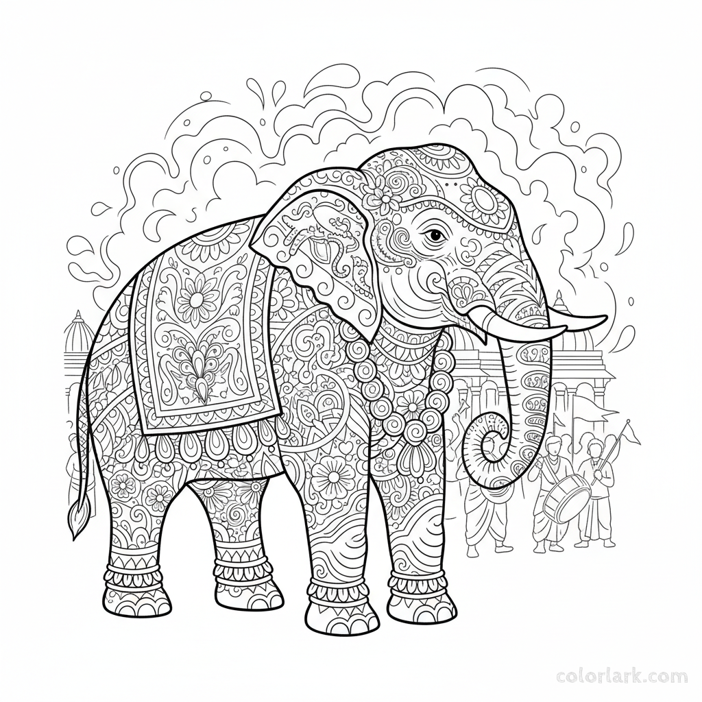 Decorated elephant coloring page with Holi festival elements.