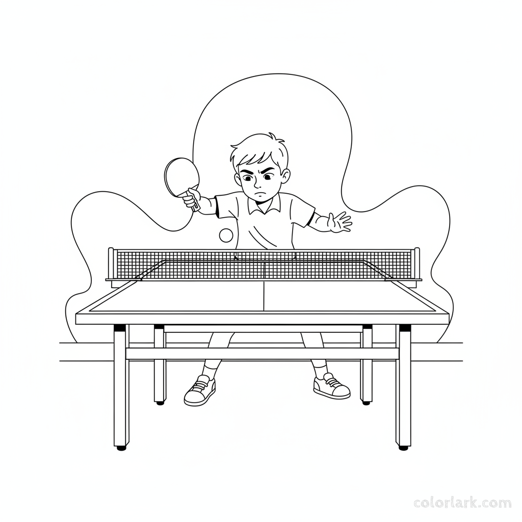 Line art of a dedicated boy learning the backhand chop in table tennis.