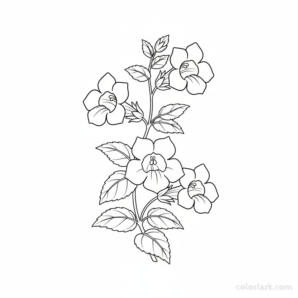 Black and white line art of a simple Torenia (Wishbone flower) with trumpet-shaped petals and wishbone stamen, on a slender stem with leaves.
