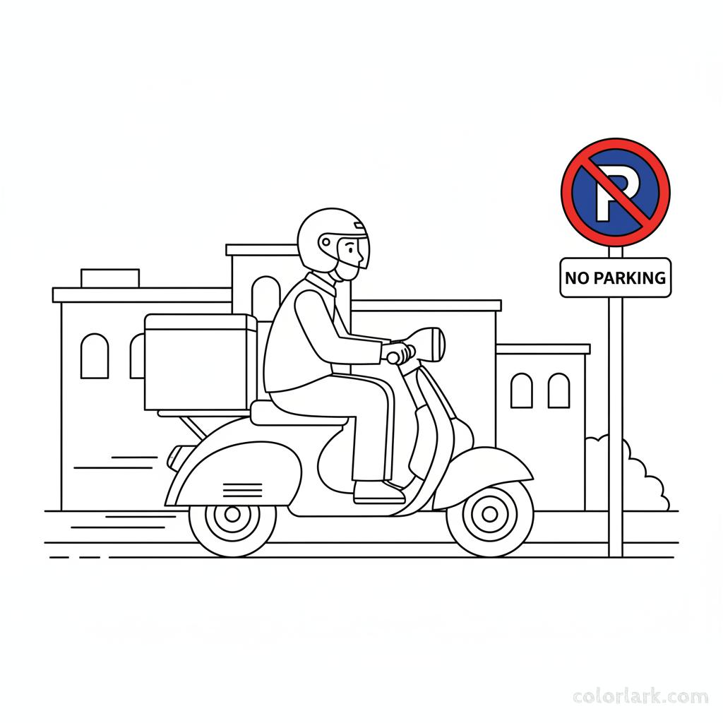 Coloring page of a delivery scooter rider avoiding an Indian No Parking sign.