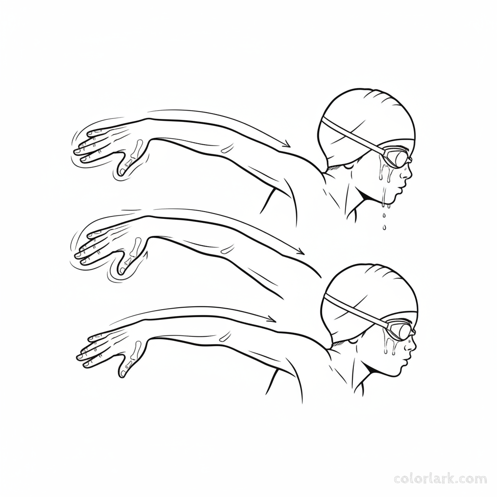 Black and white line art detailing a child's freestyle arm stroke in a pool, with cap and goggles visible.